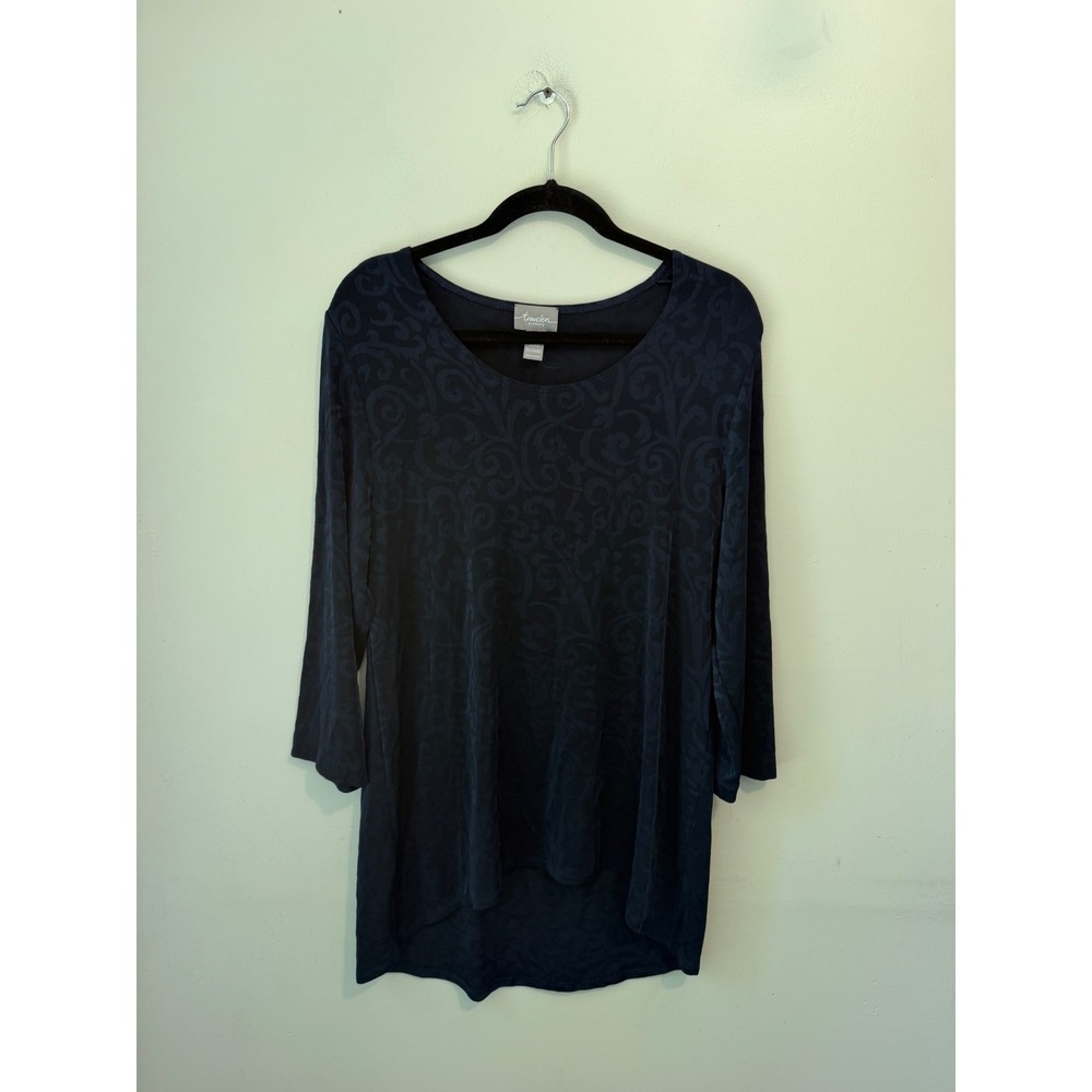 Chico's Travelers Navy Blue Damask Scroll Tunic Top 3/4 Sleeve Size 2 L